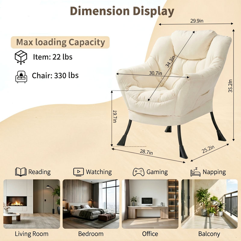 Lazy Chair, Modern Comfy Lounge Accent Chair, Large Sofa Armchair With A Side Pocket, Leisure Reading Chair For Bedroom, Living Room, Dorm(beige)