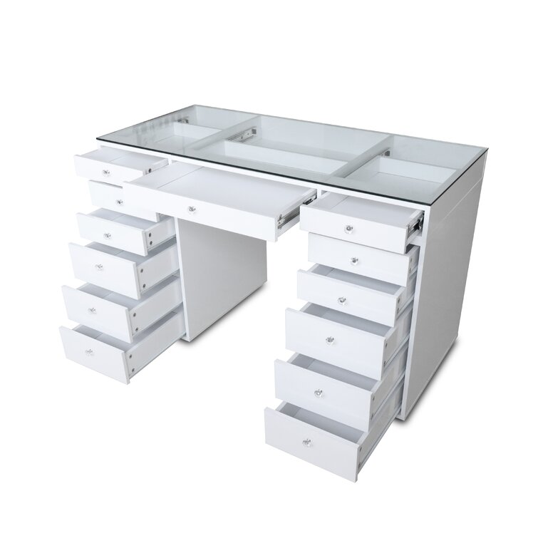 Latitude Run® Jamaiyah Large Vanity Desk with Storage Shelves, 5 Drawers,  Glass Cabinet