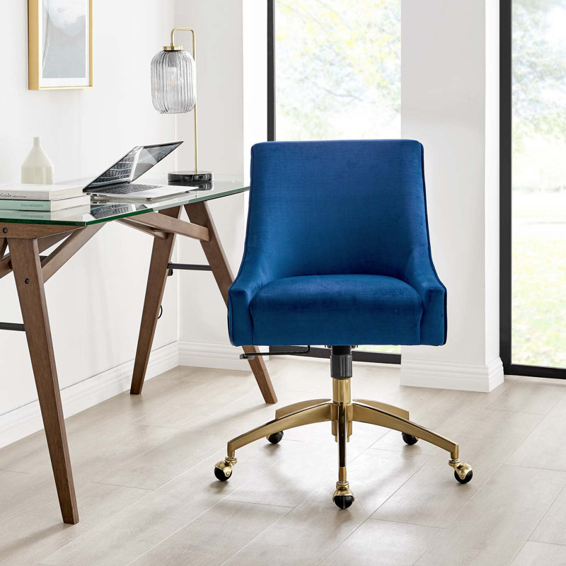 Navy Velvet and Gold Swivel Office Chair with Wood Accents