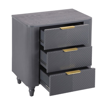 Mid-Century Fluted 3 Drawers Nightstand, Bedside Table with Curved Profile and Gold Glossy Handles, Easy Assembly