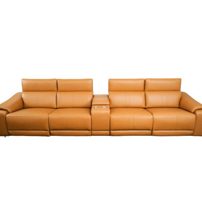 5 pièces en cuir modulaire orange avec porte-gobelets et fonction d'inclinaison électrique, confortable pour un espace de vie principal, style moderne, cuir technique, structure en bois, 4 sièges