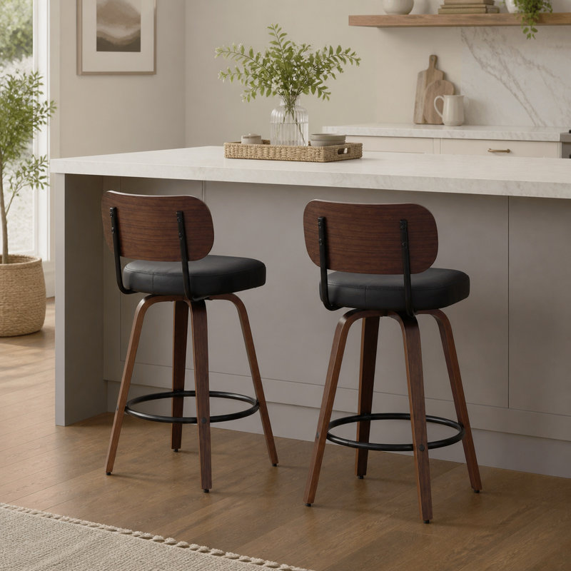 Ensemble de 2 tabourets de bar pivotants de style Mid-Century, tabourets de bar à hauteur de comptoir revêtus de similicuir avec dossier en noyer et pieds en bois cintré pour îlot de cuisine