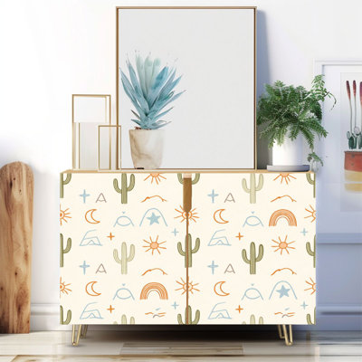 Buffet étroit de 35,4 po de largeur - armoire de rangement d'appoint à 2 portes avec imprimé répétitif de cactus du désert sans pieds Cactus Mountains et pieds en métal