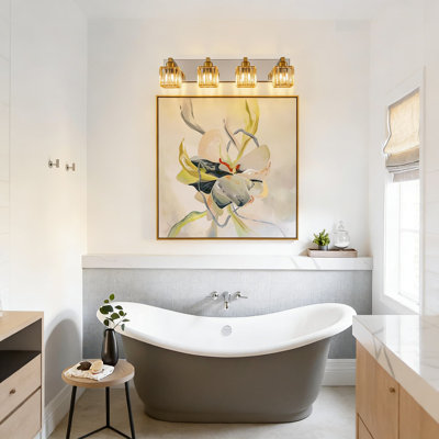 Luminaire de meuble-lavabo moderne à 4 lumières avec abat-jour en cristal, applique murale chromée dorée à intensité variable pour miroir de salle de bain et chambre à coucher