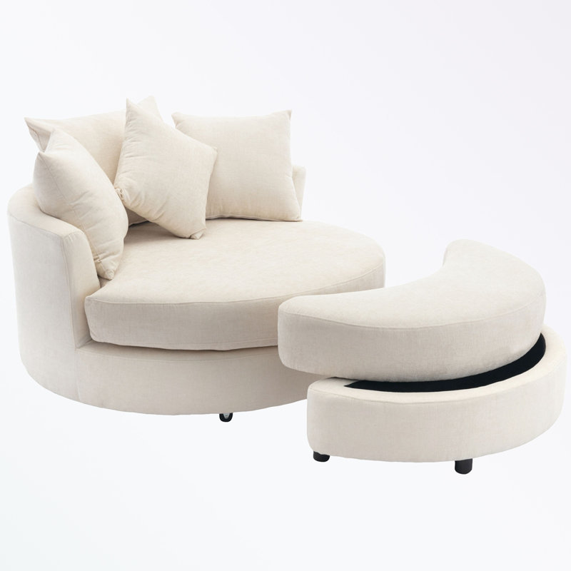 Edene 360° Swivel Accent Barrel Chair,bedroom chair with Storage Ottoman & 4 Pillows, Cream Chenille