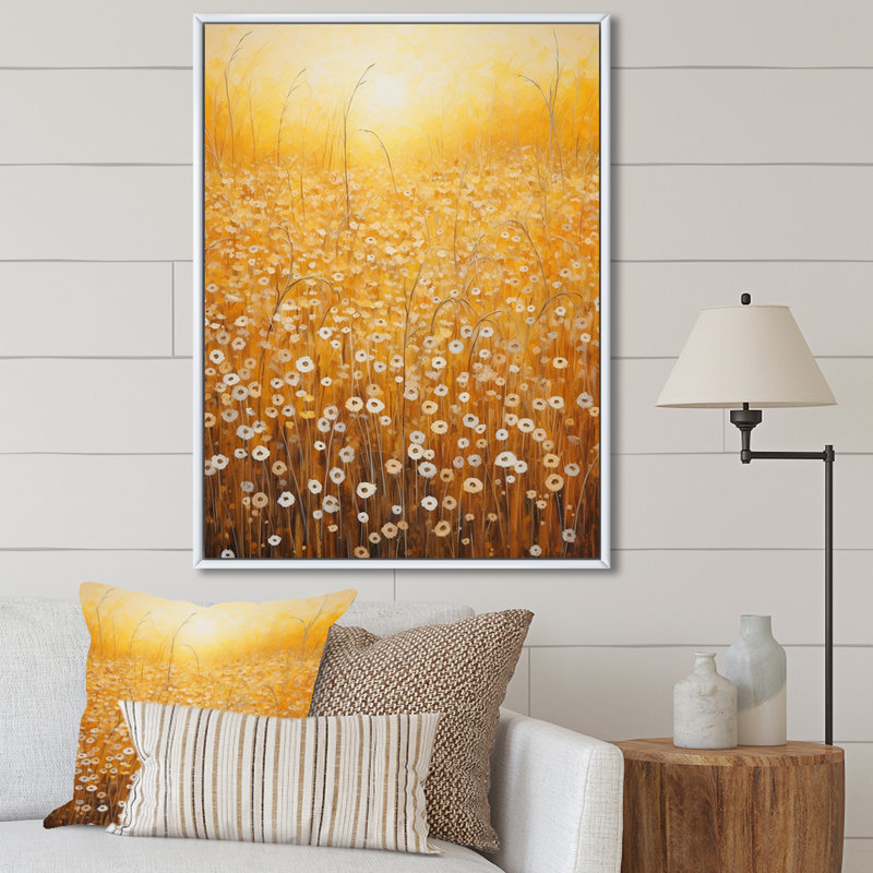 Champ de fleurs dorées, Cadre flottant blanc, H 40 po x l 30 po x P 1,5 po