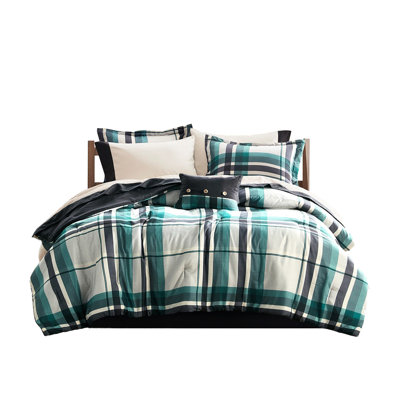 7 Piece Twin Xl Microfiber Plaid Comforter Bed Sheet - Teal/black Color, Labeled, Filling, Machine Washable Pcs And , Classic Design, Coordinating , Washable, Proof