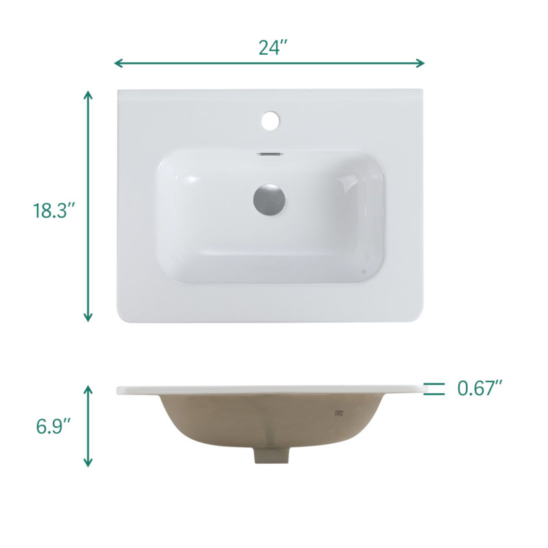 Lavabo intégré en céramique blanche brillante, drain et robinet non inclus