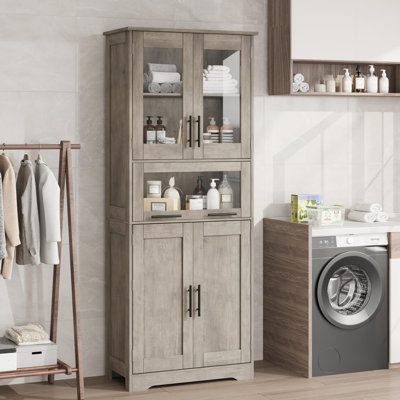 Gray Storage Cabinet with Glass Doors, 67-Inch Tall Freestanding Cupboard with Adjustable Shelf for Bathroom, Laundry, Kitchen or Living Room