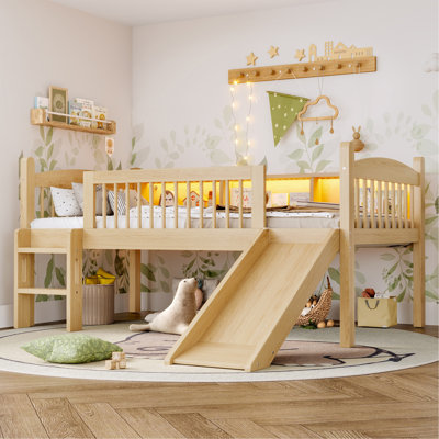 Lit mezzanine simple TG avec tablettes de rangement, lit mezzanine inférieur en bois massif avec lumières à DEL et garde-corps pleine longueur, sans sommier tapissier, naturel