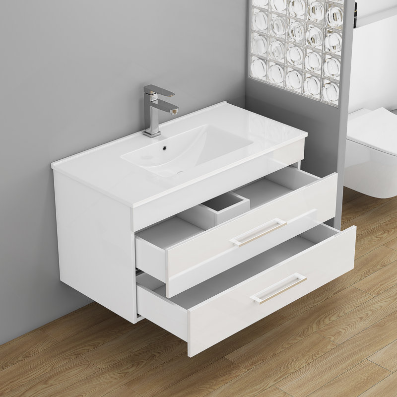 Meuble-lavabo mural avec tiroirs doubles, système de fermeture en douceur, lavabo en céramique et structure en aluminium pour un espace de salle de bain moderne et minimaliste