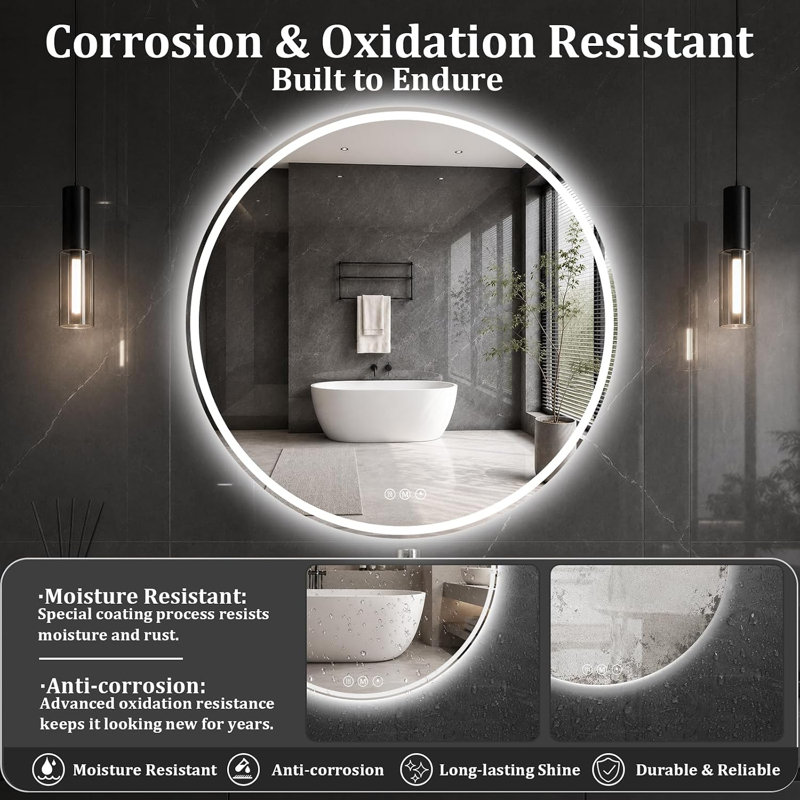 Miroir rond pour salle de bain à DEL, 40 po, verre trempé incassable HD
