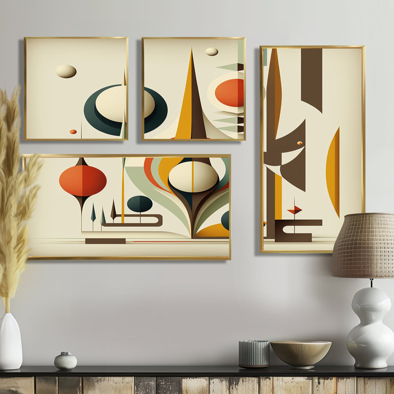 Art mural rétro sur toile de style Mid-Century VI - bleu, 4 pièces, Impression encadrée sans passe-partout, Doré