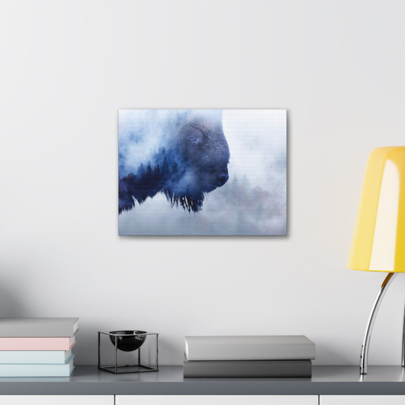 Art sur toile, bison sauvage et pinède, H 16 po x l 20 po