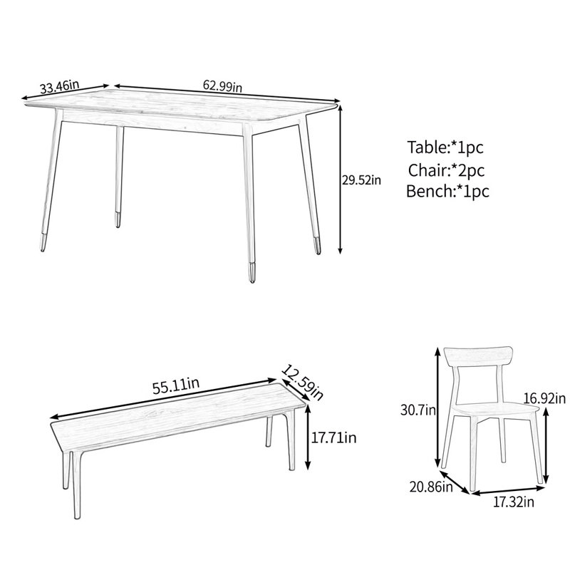 Solid wood table set, 29.52"H x 62.99"L x 33.46"W
