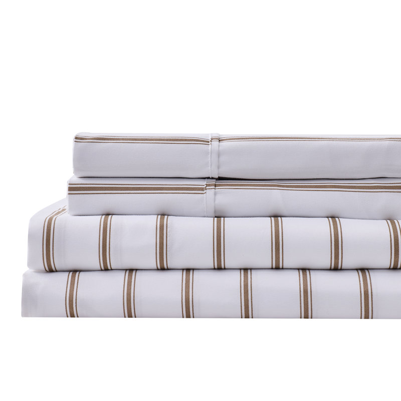 Ensemble de draps en microfibre douce à rayures, Très grand lit, Tanné