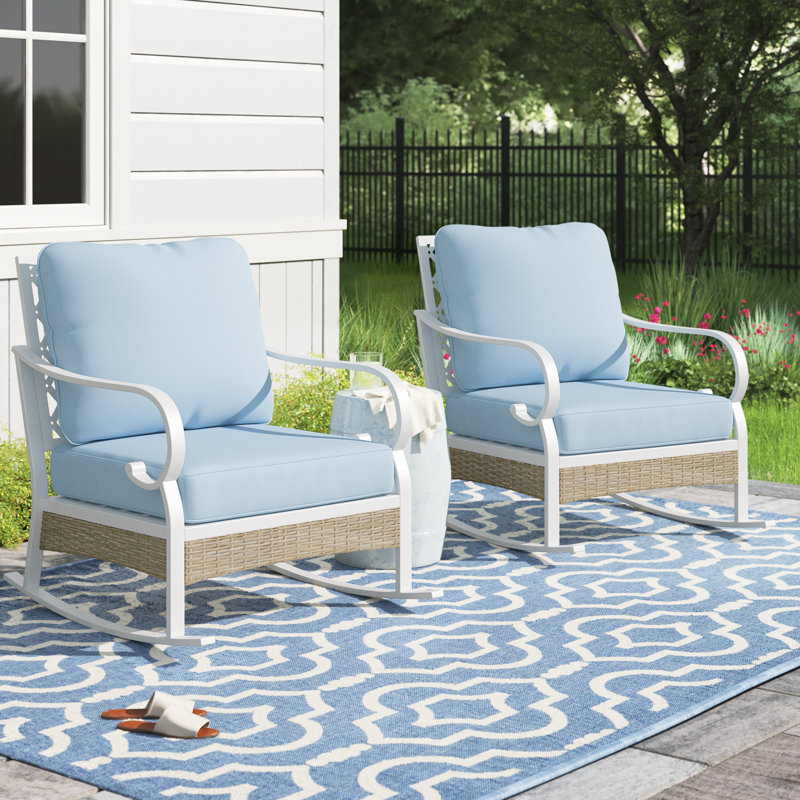 Metal Outdoor Rocker & Glider Lounge Chair, Blue Cushion/White Frame