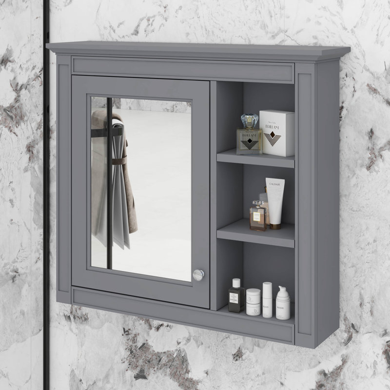 Armoire de rangement murale pour salle de bain, armoire murale moderne avec miroir, 3 tablettes ouvertes, Gris