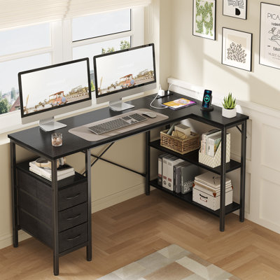55 Inch L Shaped Office Desk with Power Outlets, 3 Drawers, Shelves for Gaming, Corner Work, Home Office, Study