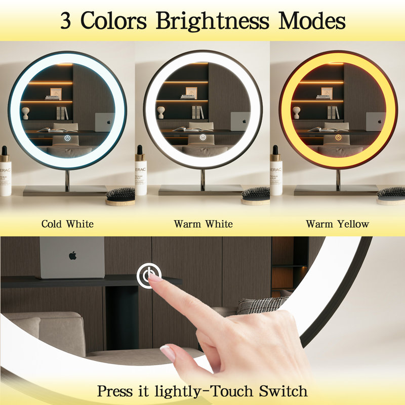 Make Up Round LED Mirror,Touch Swith Standing Vanity Mirror, Chrome