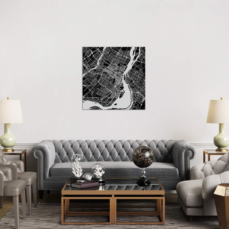 Montreal Urban Roadway Map (Black) 1 Piece Wall Art on Canvas, 93.98 cm H x 93.98 cm W x 1.91 cm D, Wrapped Canvas