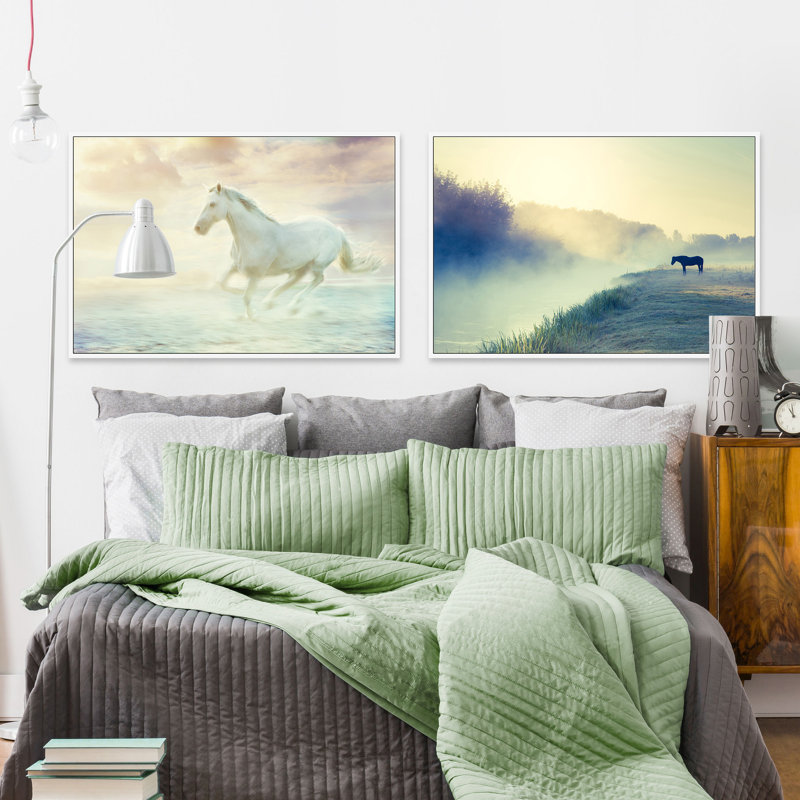 Diptych de chevaux dans la nature, H 30 po x l 45 po x P 1,5 po