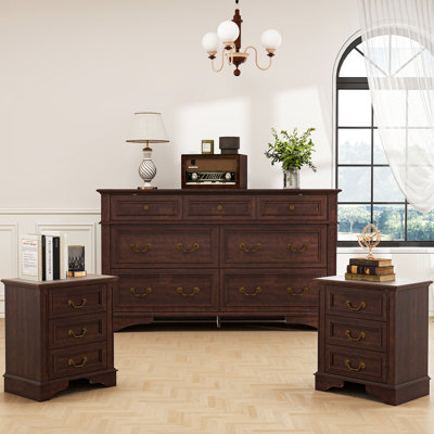 Ensemble de chambre à coucher 3 pièces - commode 7 tiroirs et 2 tables de chevet