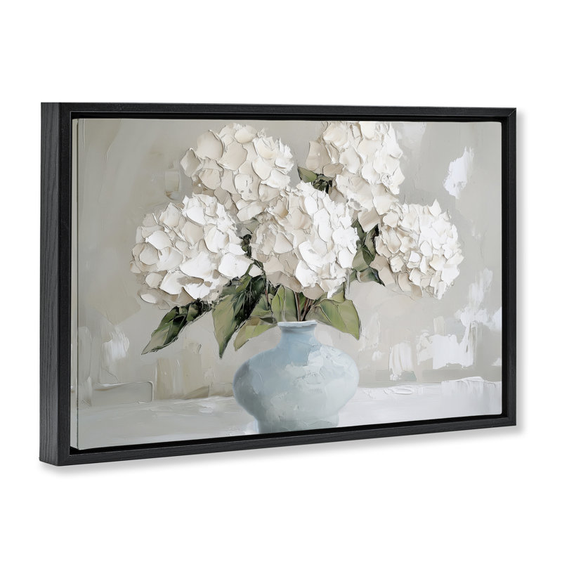 Bouquet d'hortensias moderne tacheté, Cadre flottant noir de jais, H 17 po x l 25 po