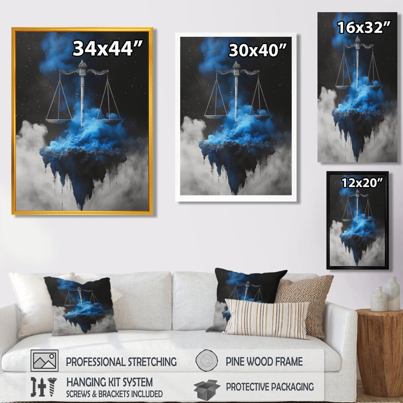 Bleu, noir, astrologie, balance cosmique, balance, astronomie, balance, art mural, salon, Cadre simple noir