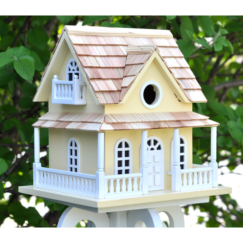Yellow Pine Shingled Cottage Birdhouse with White Trim