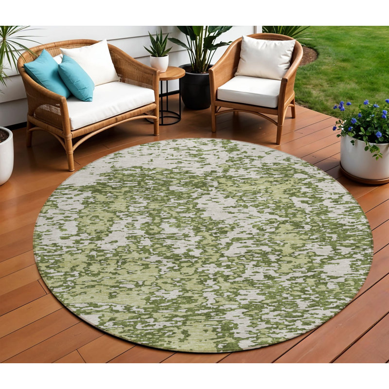 Tapis extérieur rond lavable abstrait vert olive et ivoire 8 pi