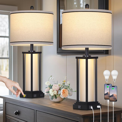 Ensemble de 2 lampes de table de chevet 27 po avec ports USB et prise de courant, lampes de table de chevet rétro industrielles pour le salon et la chambre à coucher