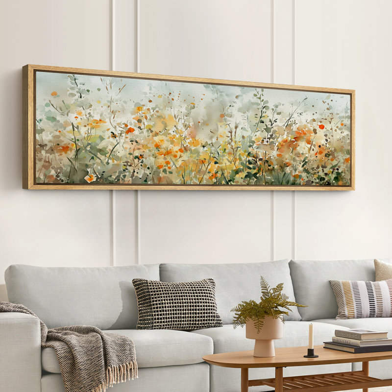 Green Orange Abstract Wildflowers Artwork, Watercolor Paint Strokes Effect Wall Pictures, Giclee Canvas Digital Print Extra Large Framed Wall Art