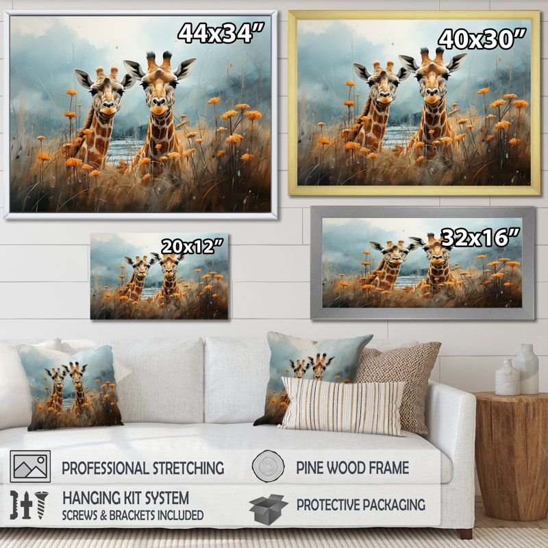 Mignonne girafe dans un champ de fleurs I, Toile tendue, H 34 po x l 44 po x P 1,5 po