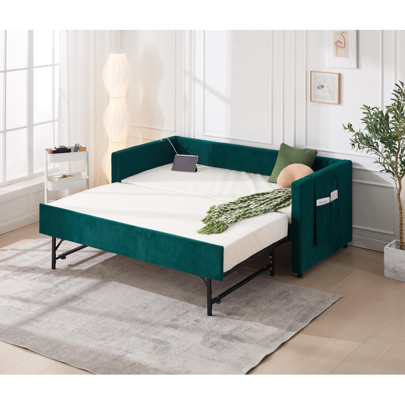 Twin Size Upholstered Daybed With Trundle,USB Port ,Side Pockets, Modern V-Grained Backrest Design,No Box Spring Needed, For Bedroom, Guest Room ( Emerald, Twin)