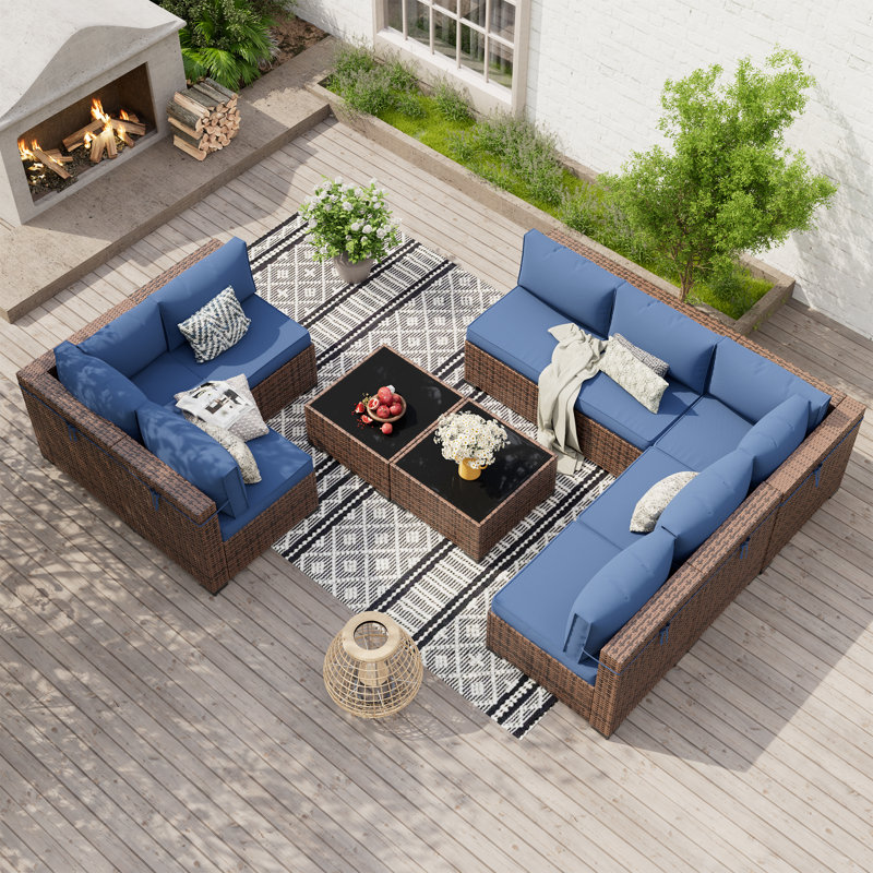 Ensemble modulaire de conversation modulaire en rotin pour 8 personnes avec 2 tables basses, Bleu