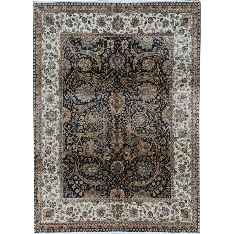 Tapis noir et crème noué à la main de haute qualité