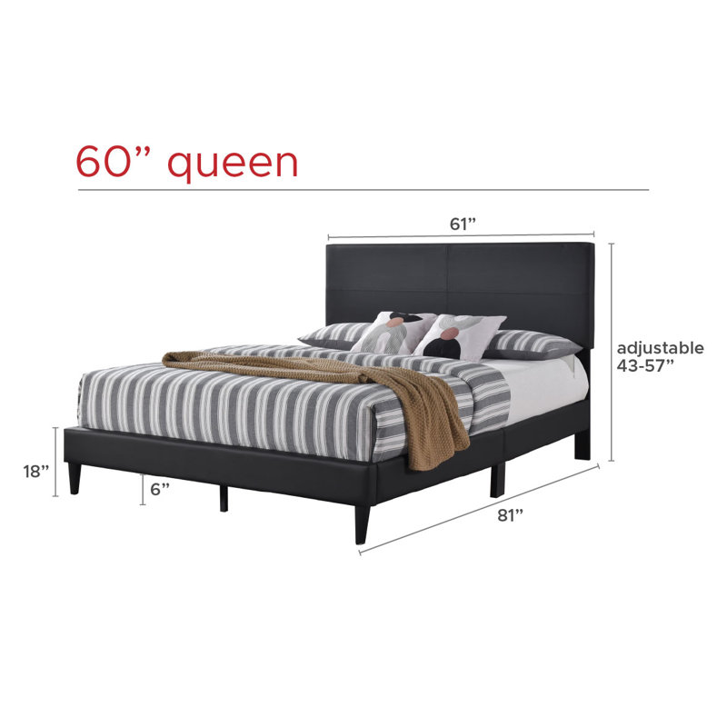 Tufted Upholstered Platform Bed with Horizontal Channel, Adjustable Headboard, Leatherette Bed Frame, Black, Queen, Queen