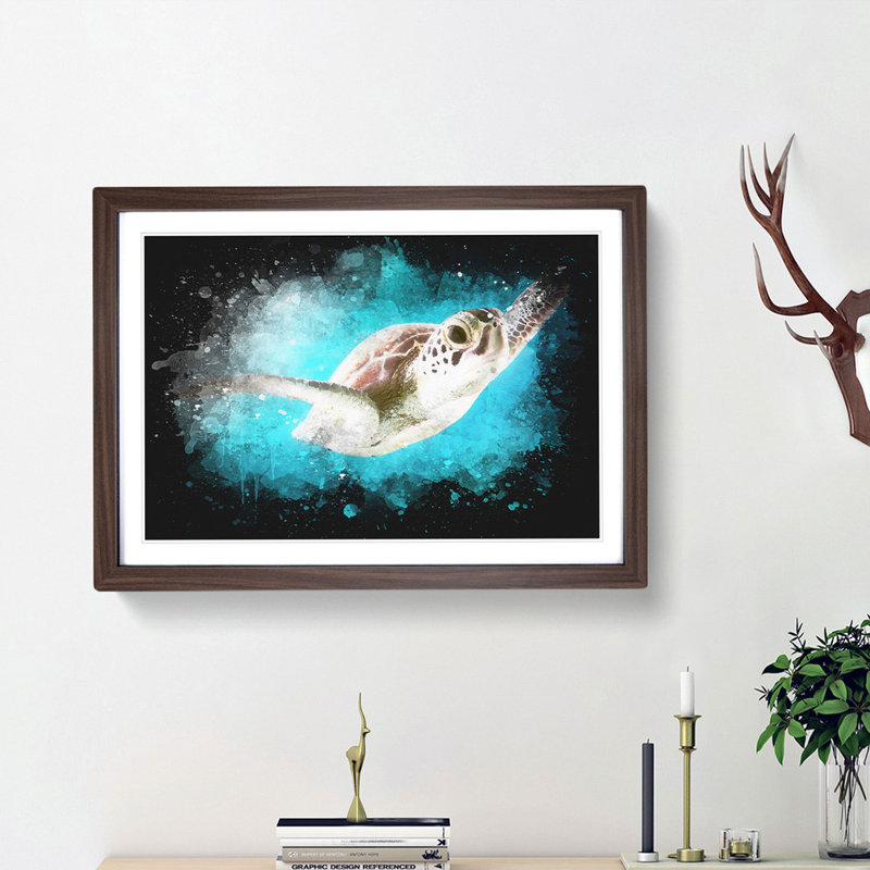 Green Turtle - Picture Frame Graphic Art Print, Walnut Framed, 45cm H x 63cm W x 2cm D