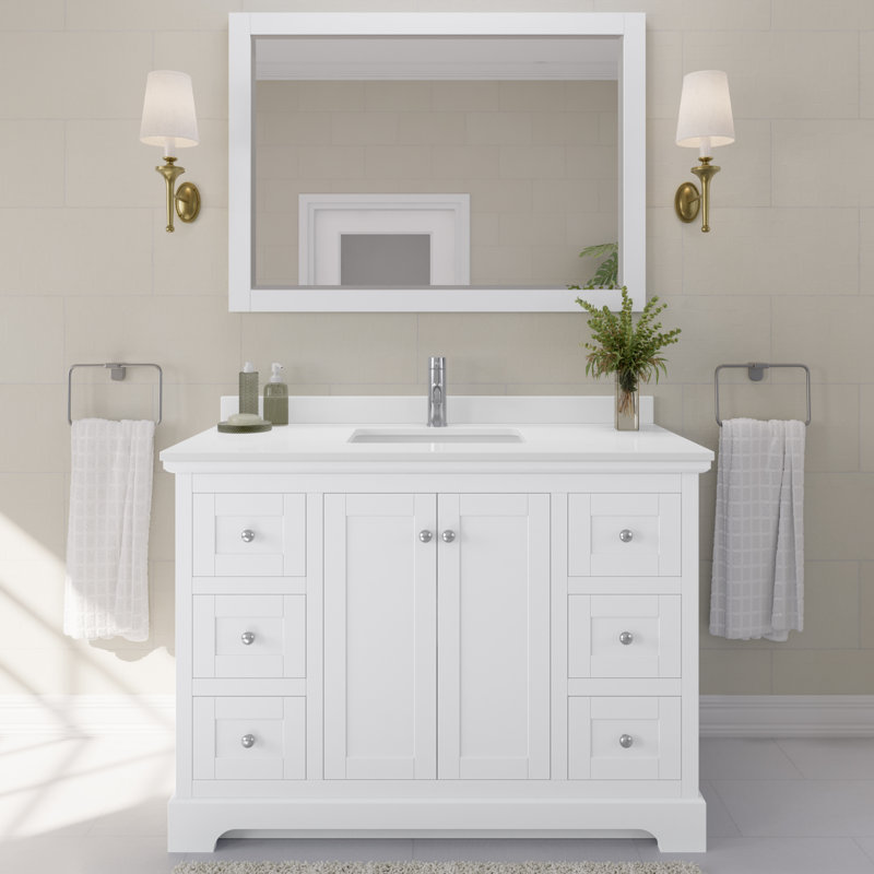 Meuble-lavabo simple autoportant 48 po avec plateau en quartz Avery, Blanc, Chrome poli, Quartz blanc