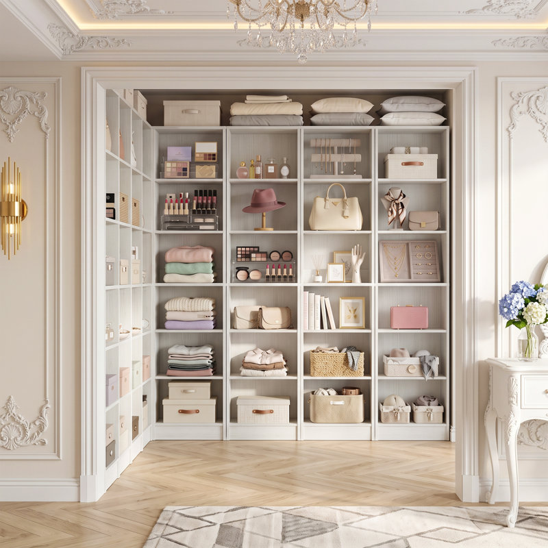 Système de placard avec tablettes ouvertes, Blanc