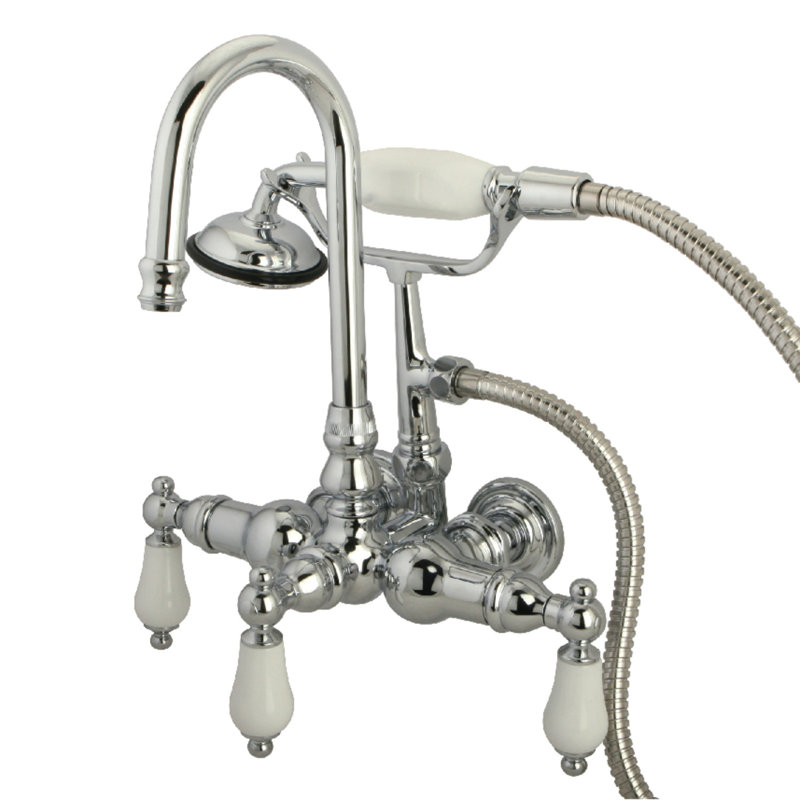 Kingston Brass Vintage Three-Handle 2-Hole Tub Wall Mount Clawfoot Tub Faucet with Hand Shower, Polished Chrome