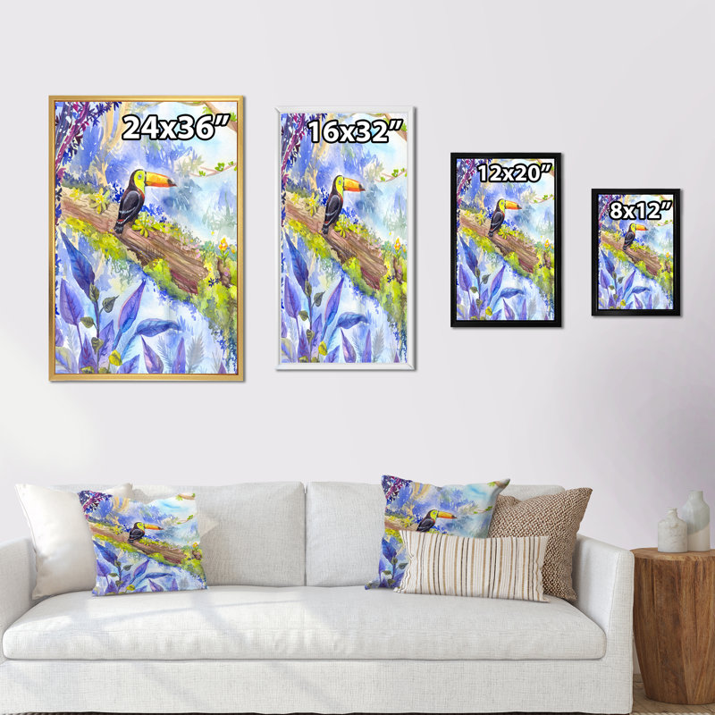 Toucan tropical dans la forêt - œuvre d'art traditionnelle sur toile, H 32 po x l 16 po x P 1 po, Cadre flottant noir