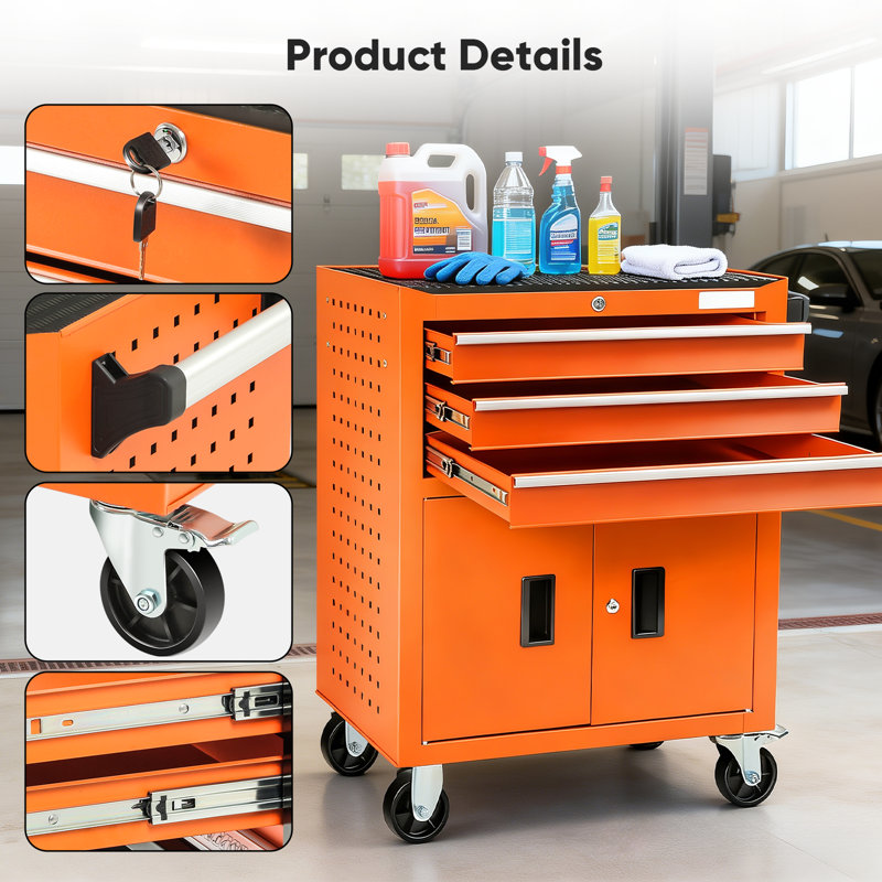 Coffre à outils 3 tiroirs à roulettes d'une capacité de 440 lb, armoire verrouillable en acier 55 tiroirs et 4 roues universelles