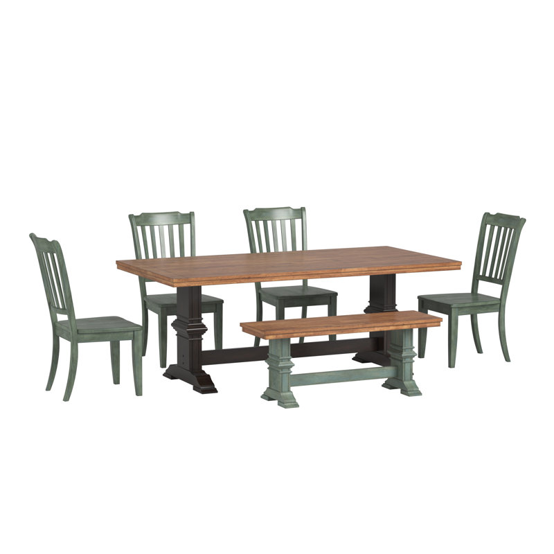 Ensemble de salle à manger Marcotte 78 po en bois massif fini chêne avec chaises à dossier à fuseaux - 6 pièces, table à piètement noir antique, chaises et banc à piètement en sauge antique