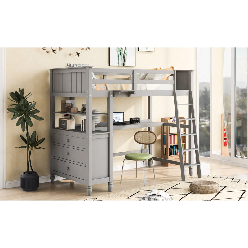 Gray Twin Size Loft Bed: Comfortable Sleeping And Studying Bed With Desk Drawers: Efficient Bedroom Layout, Gray