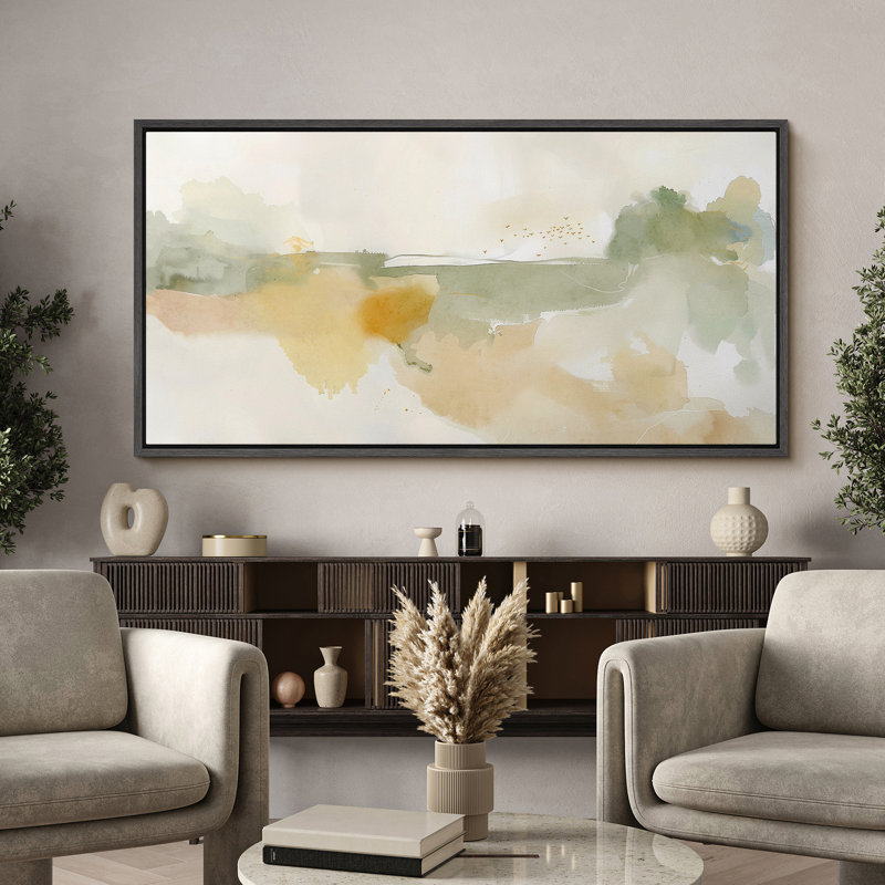 Abstract Green Beige Neutral Wall Prints Minimalist Modern Panoramic Horizontal Boho Wall Art Decor, 30" H x 60" W, Black
