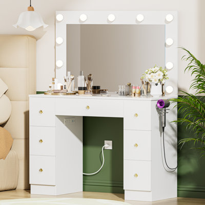 Makeup Vanity Desk with Vanity stool Mirror Lights Power Outlet Makeup Dressing Vanity Tables White Yosha