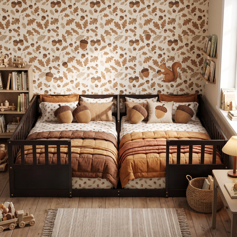 Lit double simple en pin massif avec plancher, finition peinte expresso, barrières de sécurité semi-fermées et entrée ouverte, plateforme de couchage basse partagée pour enfants