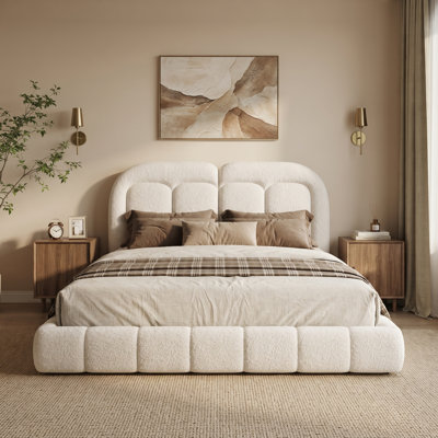 King Size Boucle Upholstered Platform Bed with Tufted Headboard.Noise-Free, 800lbs Support, Durable & Easy to Clean,White